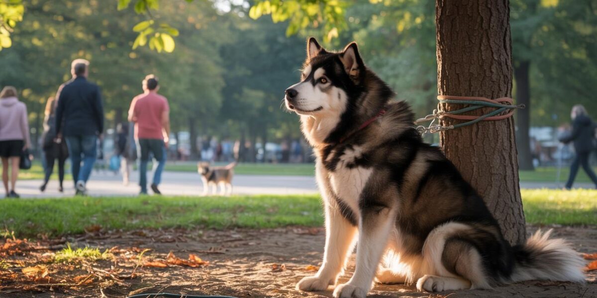 A solitary Alaskan Malamute waits tied to a tree, his eyes full of longing amidst the bustling life of the park, as hope and compassion await just around the corner.