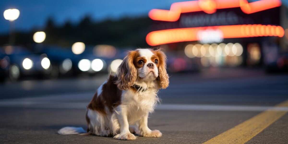 Alone in the Shadows: A Cavalier King Charles Spaniel awaits a new beginning in the dim glow of the theater parking lot.