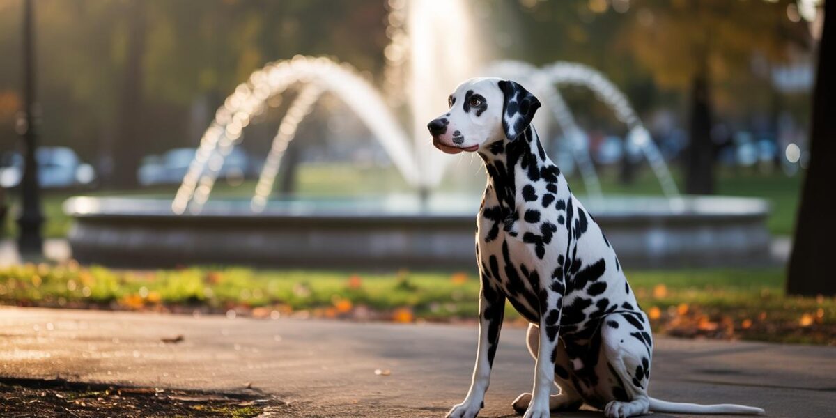 Alone by the fountain, a Dalmatian waits with hopeful eyes, marking the beginning of an unexpected journey from abandonment to love.