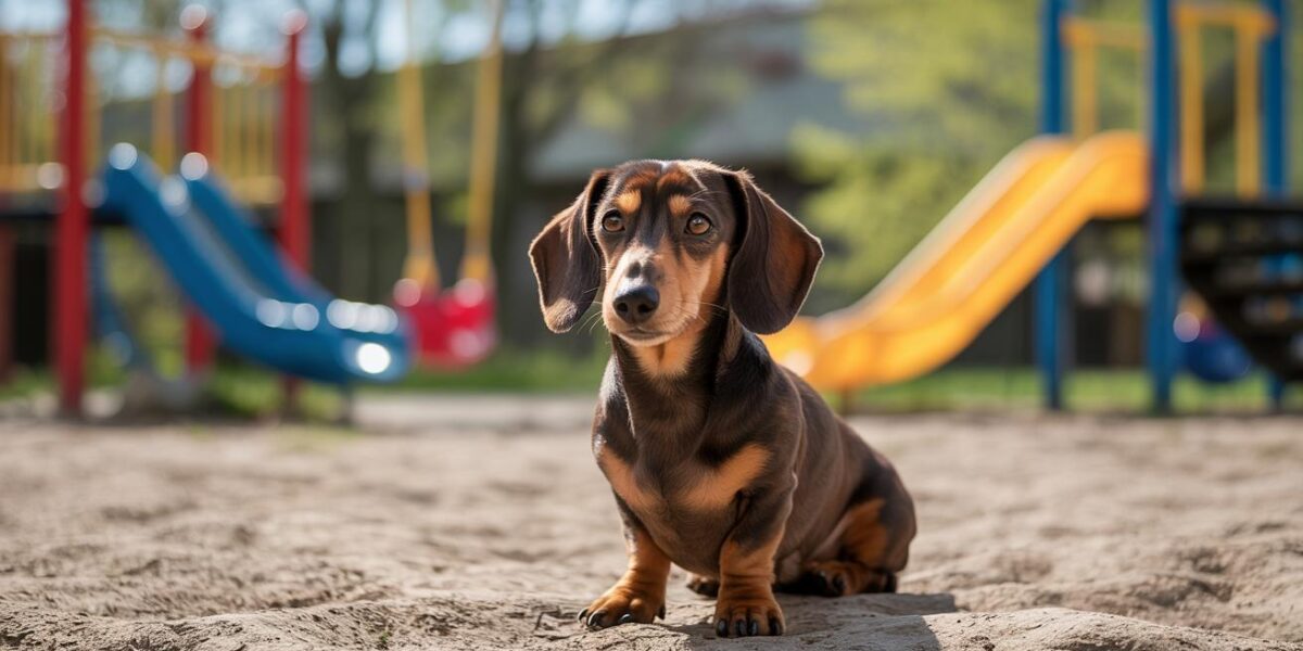A lonely Dachshund sits amidst the joyful chaos of a playground, embodying both vulnerability and hope.