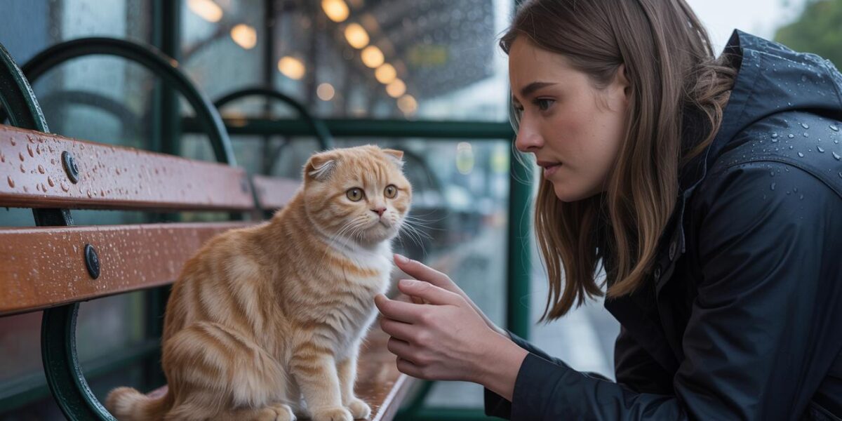 A compassionate encounter at a rainy bus stop brings hope to an abandoned Scottish Fold cat.