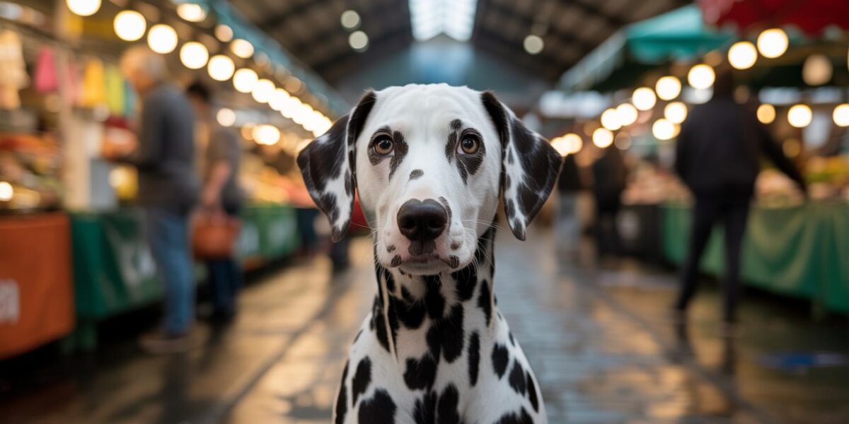 In the midst of a bustling market, a Dalmatian stands alone, waiting for a new beginning.