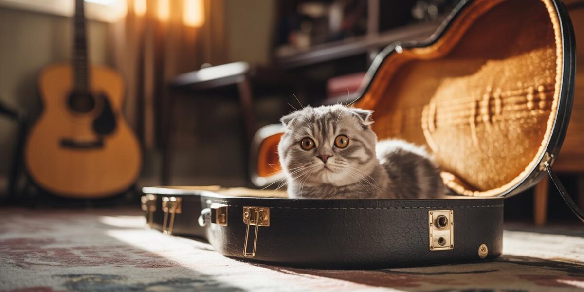 A curious Scottish Fold cat finds a new beginning as it peeks out from an open guitar case, bathed in warm, hopeful light.