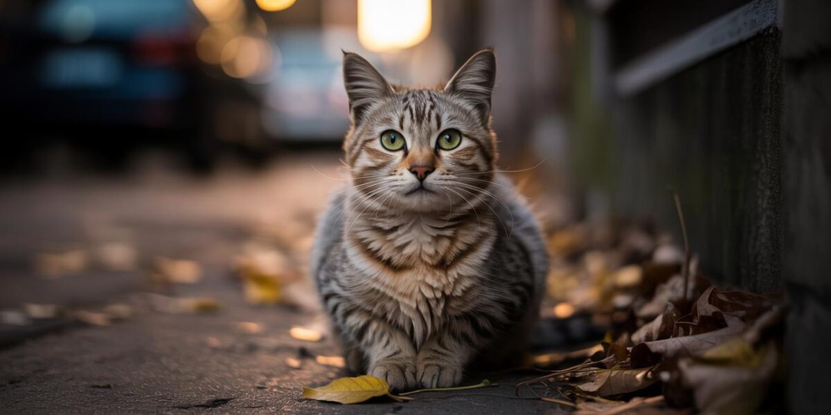 A hopeful tabby cat sits in a shadowy alley, symbolizing both the pain of abandonment and the promise of rescue.