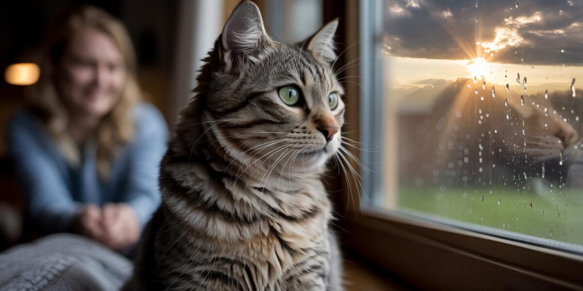 A rescued tabby cat finds solace and love in a new, caring home, where hope shines through even the rainiest days.