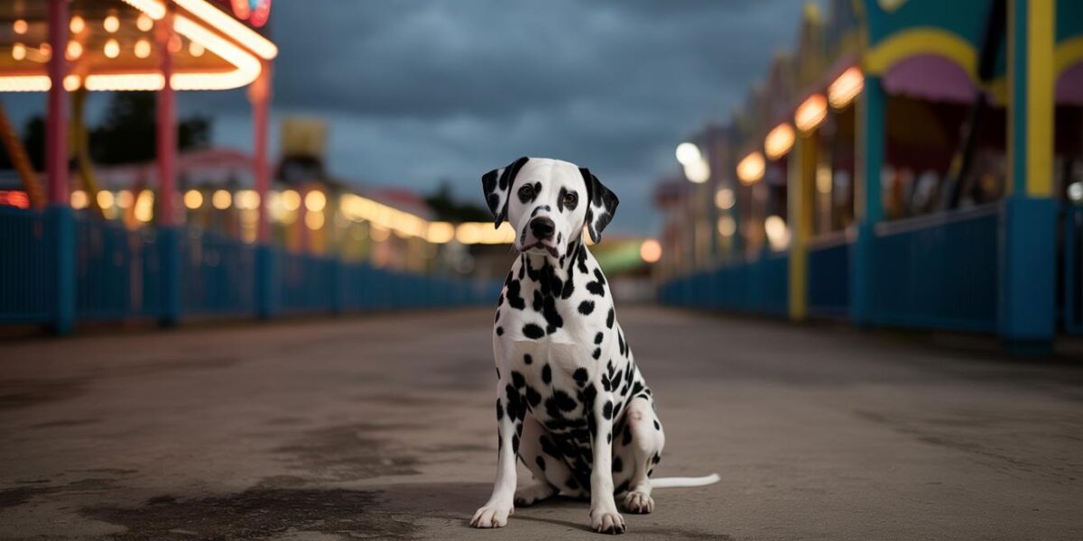 A lonely Dalmatian sits in an empty amusement park, capturing the moment of abandonment before a new chapter of hope begins.