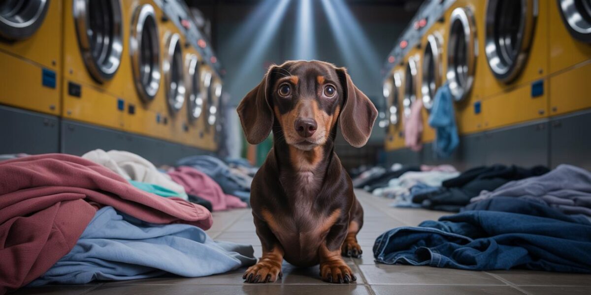 A lonely Dachshund sits amidst the hum of a laundromat, his eyes telling a story of abandonment and the hope for a second chance.