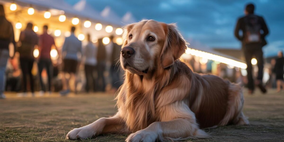 Teddy, the golden retriever, sits quietly amidst the chaos of a music festival, waiting for a second chance at love.