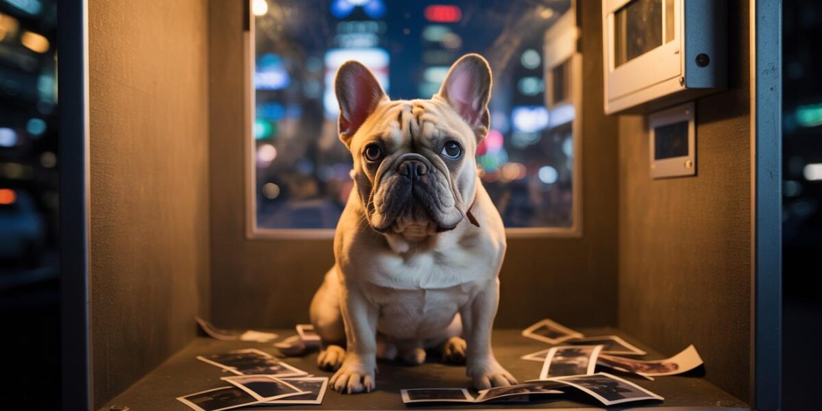 A French Bulldog waits hopefully inside a vintage photo booth, embodying a poignant moment of abandonment and the promise of rescue.