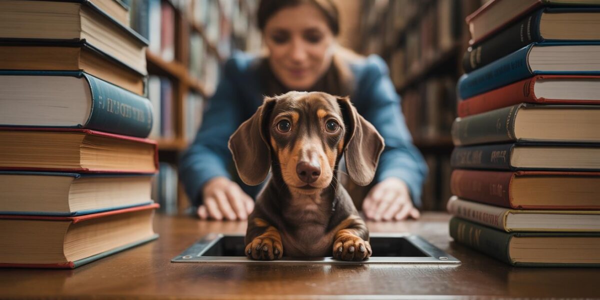 A hopeful Dachshund peeks out from a library book return slot, awaiting rescue and a new beginning.