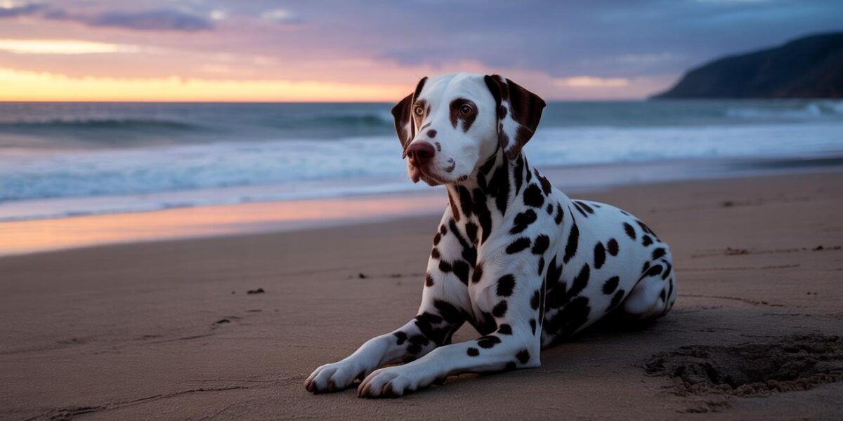 Abandoned on the shore, a Dalmatian awaits a second chance amidst the dawn's gentle embrace.