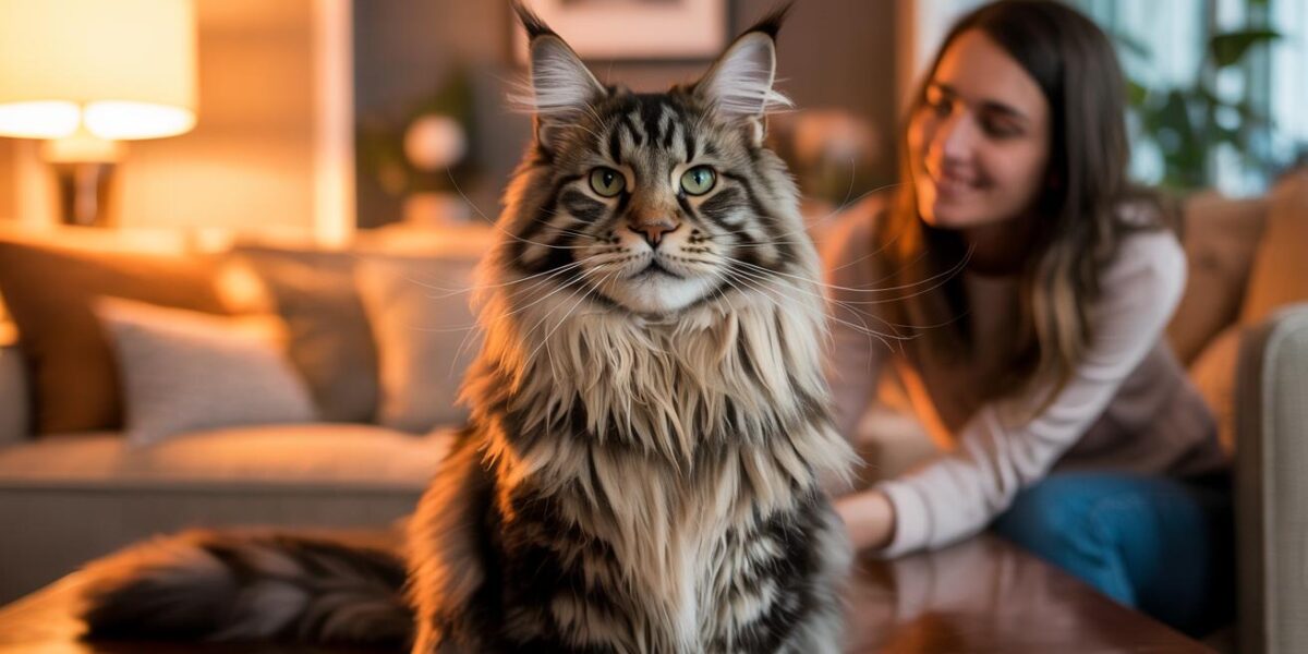 A rescued Maine Coon cat finds solace and love in a new home, capturing the bond of companionship.