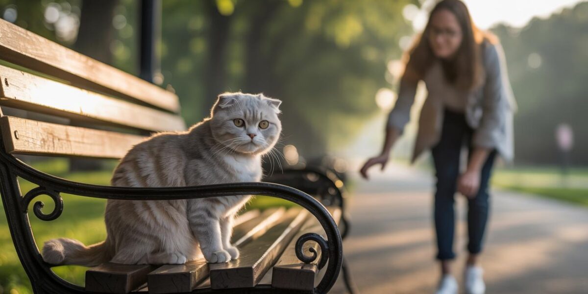 A lonely Scottish Fold cat awaits rescue on a park bench, as a kind-hearted stranger approaches to change his fate.