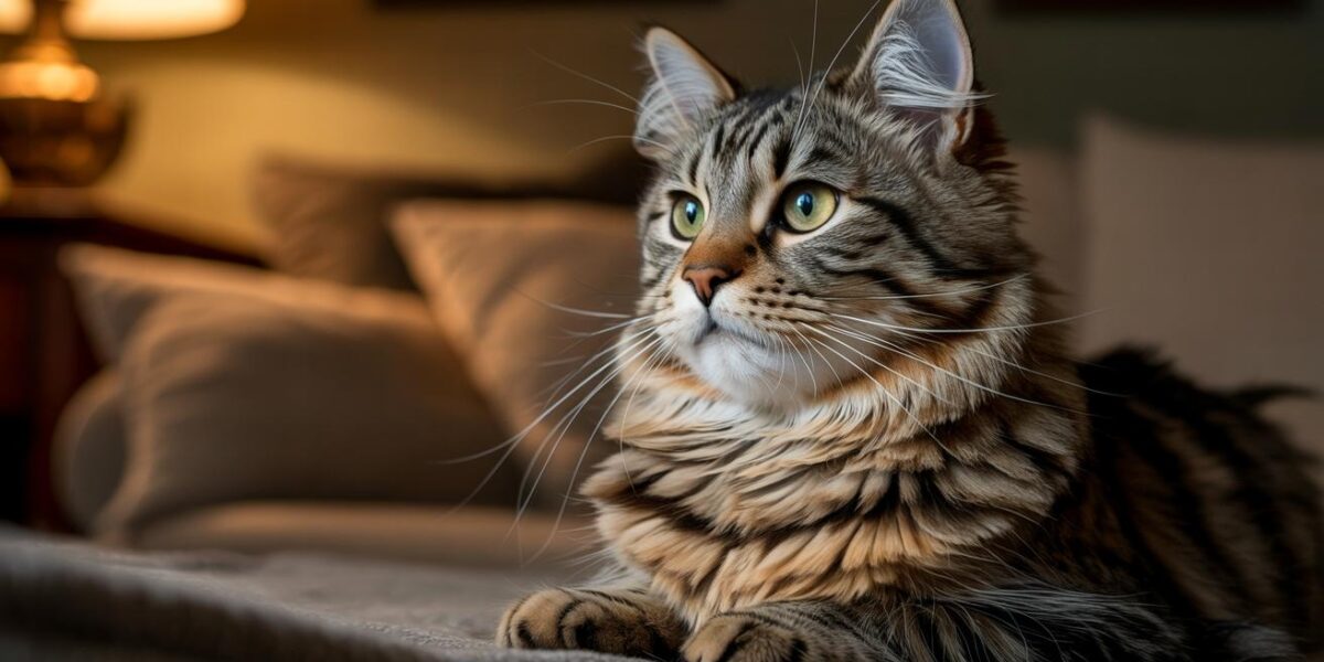A rescued tabby cat with distinctive whiskers finds peace and warmth in her new forever home.