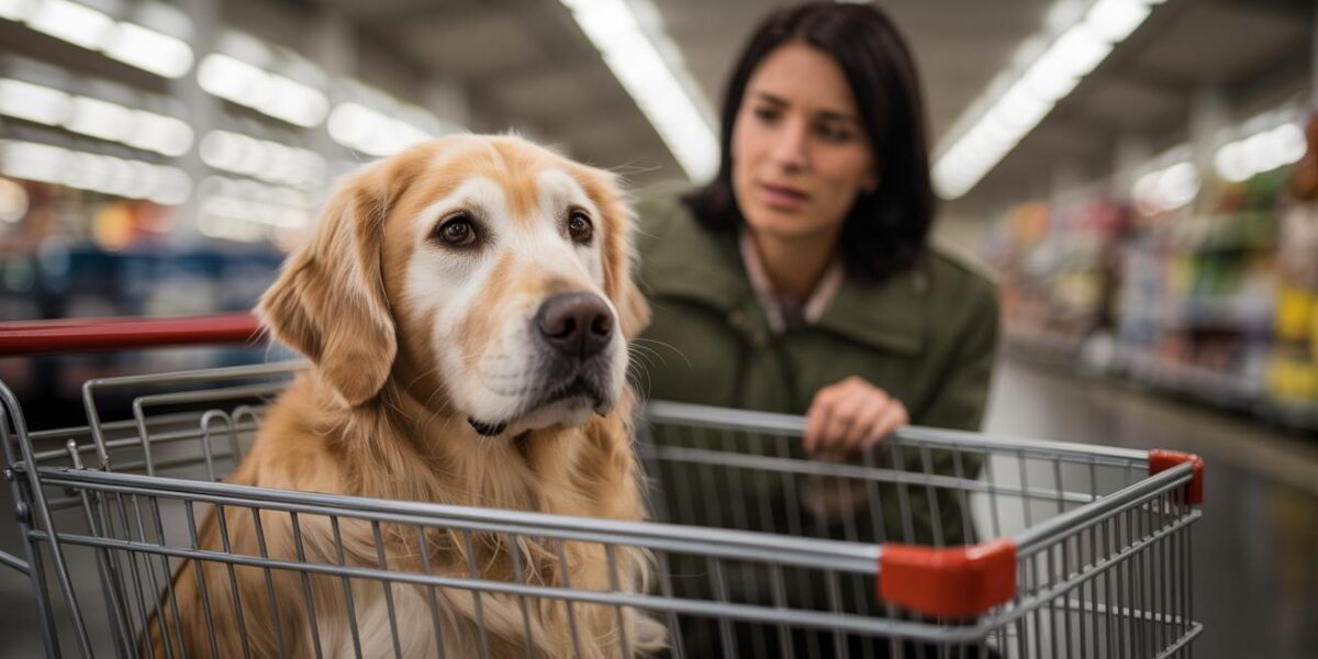 A golden retriever, abandoned in a shopping cart, finds hope as a kind stranger approaches to offer rescue and love.