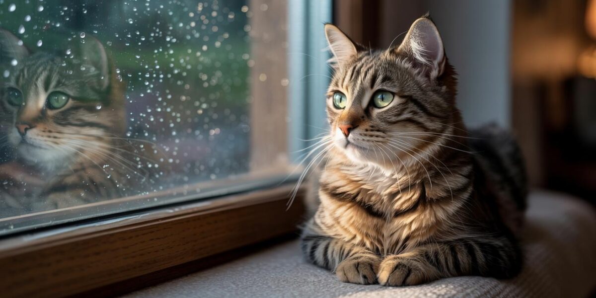 A hopeful tabby cat gazes out the window, embracing the warmth and love of a new beginning.