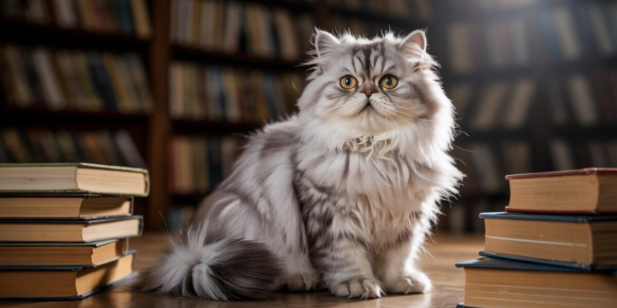 A once-abandoned Persian cat finds solace and hope amidst the books, symbolizing a new chapter of love and companionship.
