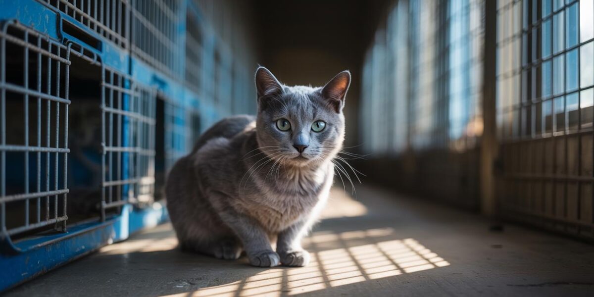 Abandoned for the most superficial reason, this soulful Russian Blue cat waits for a second chance in a dimly lit shelter, where hope glimmers through the shadows.
