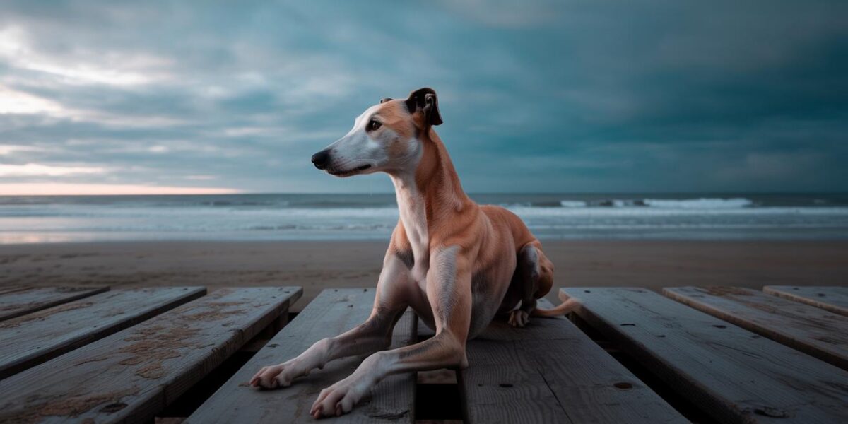 A Greyhound sits alone on a deserted pier, embodying both heartache and the hope of a new beginning.