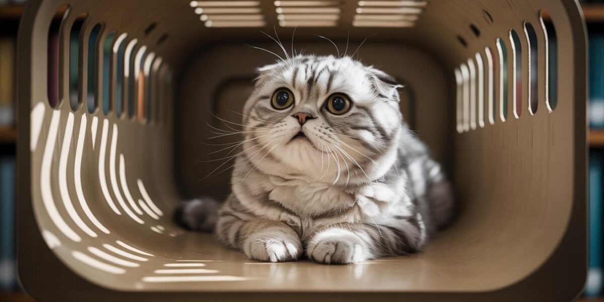 Abandoned but Hopeful: A Scottish Fold cat finds an unexpected sanctuary inside a library bin, awaiting rescue.