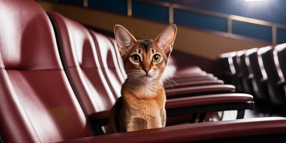 Alone in the Spotlight: An Abyssinian cat waits in an empty theater, her journey from abandonment to rescue about to begin.