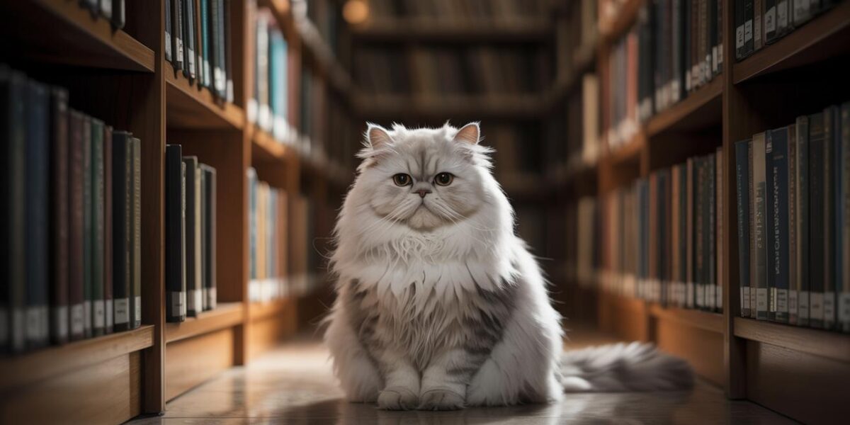 Alone in the library's shadows, a Persian cat waits for a new chapter to begin.