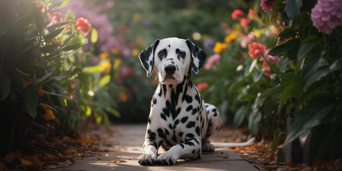 Amidst the vibrant blooms of a botanical garden, a solitary Dalmatian waits, embodying both the heartache of abandonment and the hope of a new beginning.