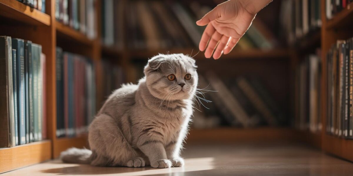 A scared yet curious Scottish Fold cat sits amongst the library bookshelves, moments before being rescued and finding a loving home.