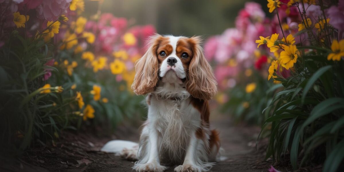 A lonely Cavalier King Charles Spaniel sits amidst the vibrant blooms of a botanical garden, embodying both solitude and the promise of a brighter tomorrow.